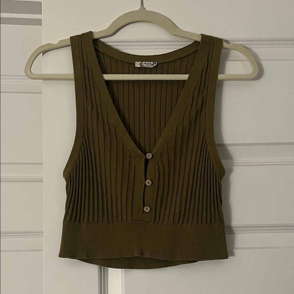 Free People Olive Button-Up Crop Top